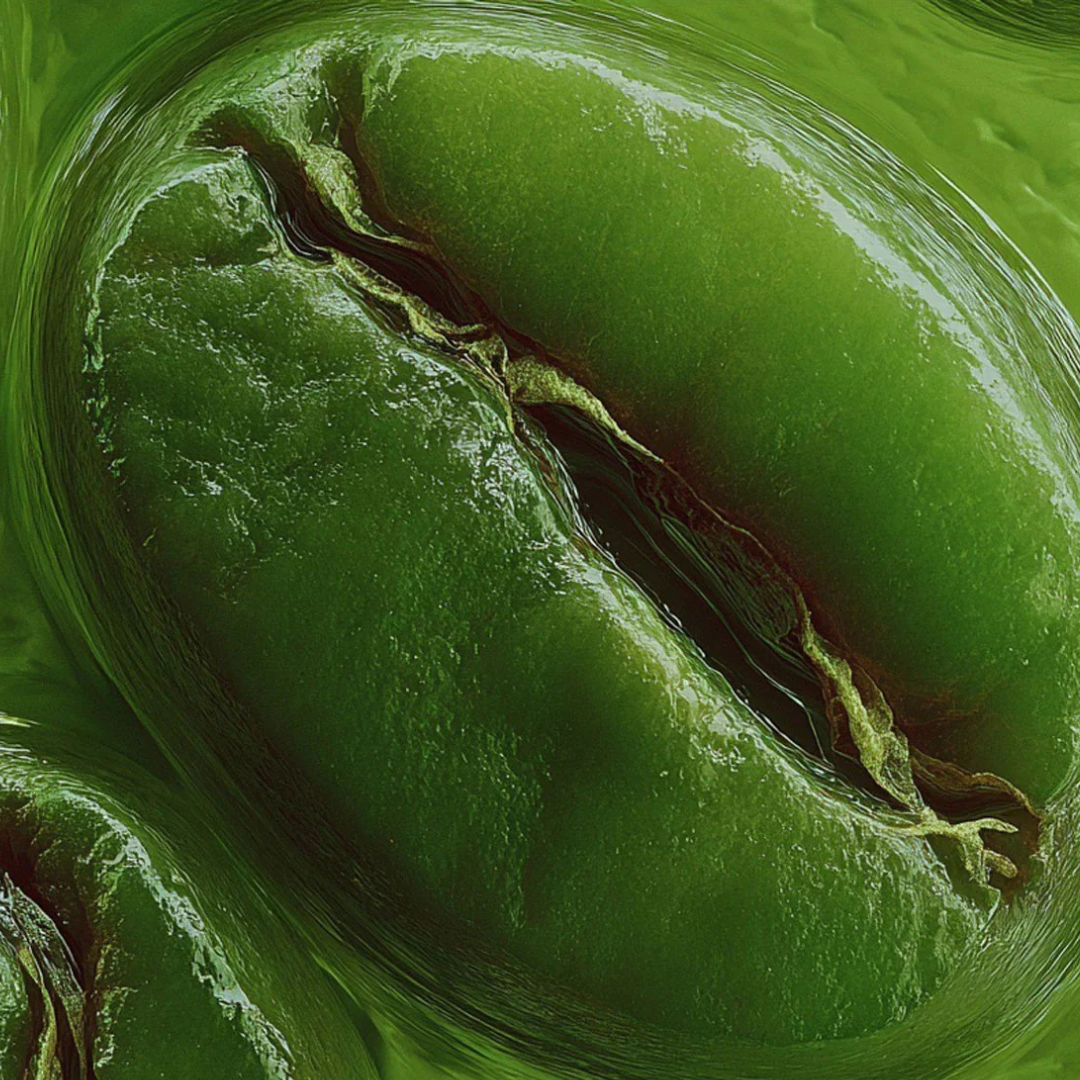 An extreme close-up, macro shot of a glossy, vibrant green coffee bean surrounded by liquid.