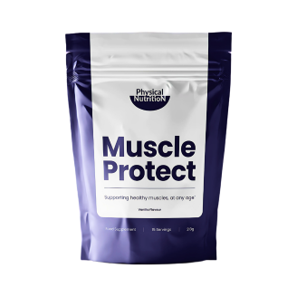 A bag labeled 'Muscle Protect' with blue and white design.