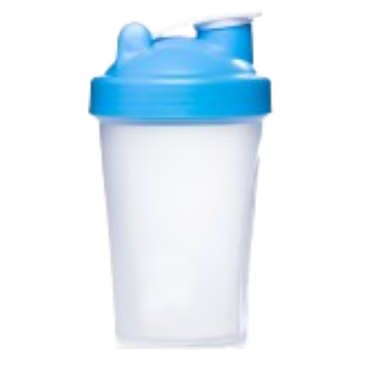 Plastic shaker bottle with a blue lid and white body.