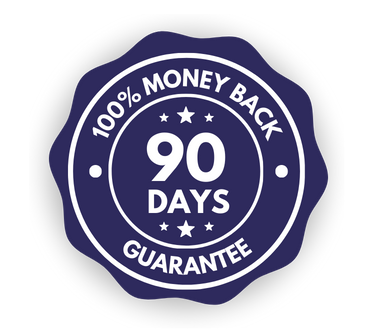 Blue badge with text: '100% Money Back, 90 Days Guarantee'.