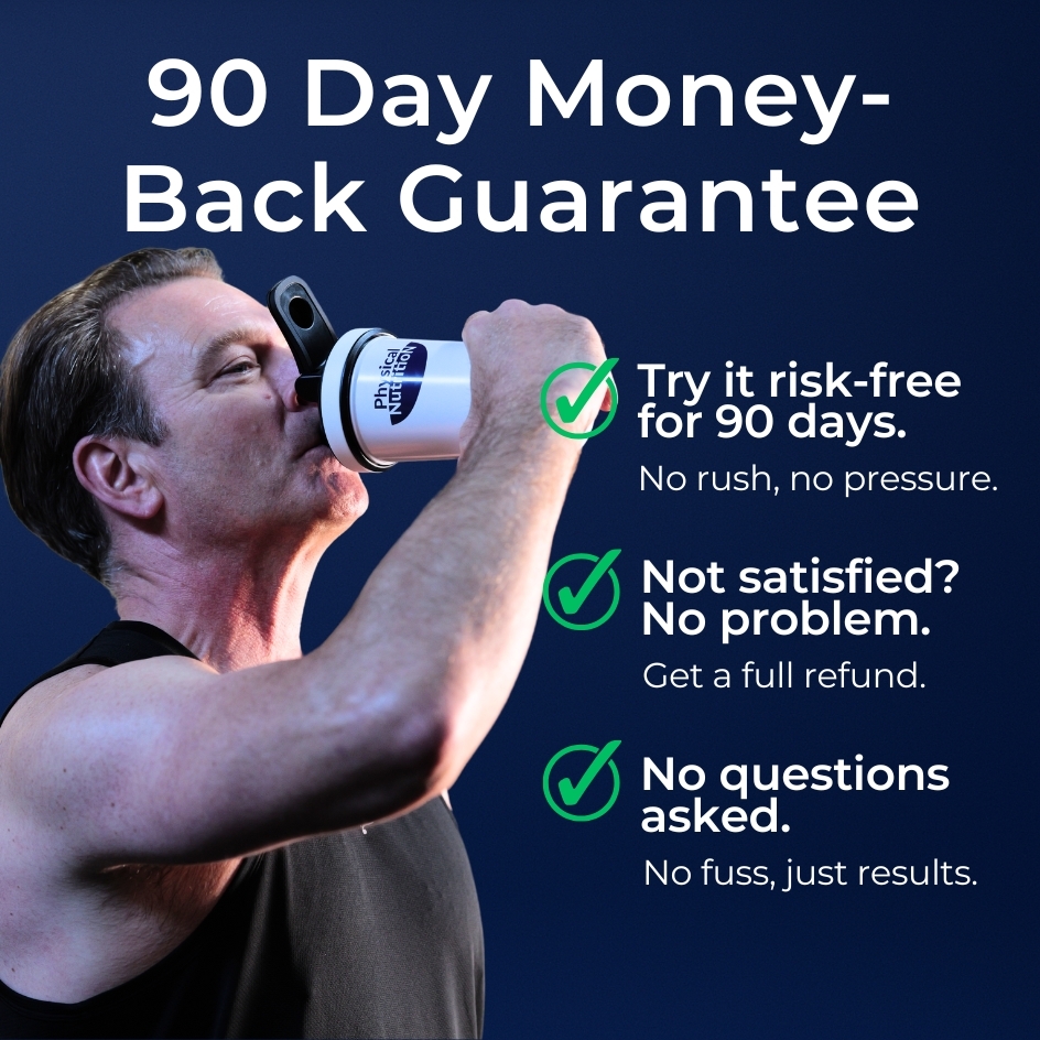 Man drinking from a shaker cup, text about a 90-day money-back guarantee.