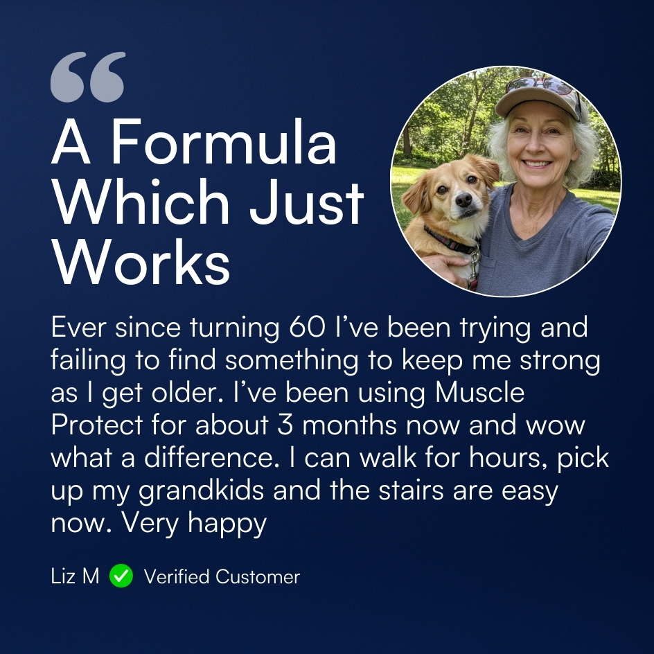 Testimonial text with circular image of a woman outdoors with a dog.