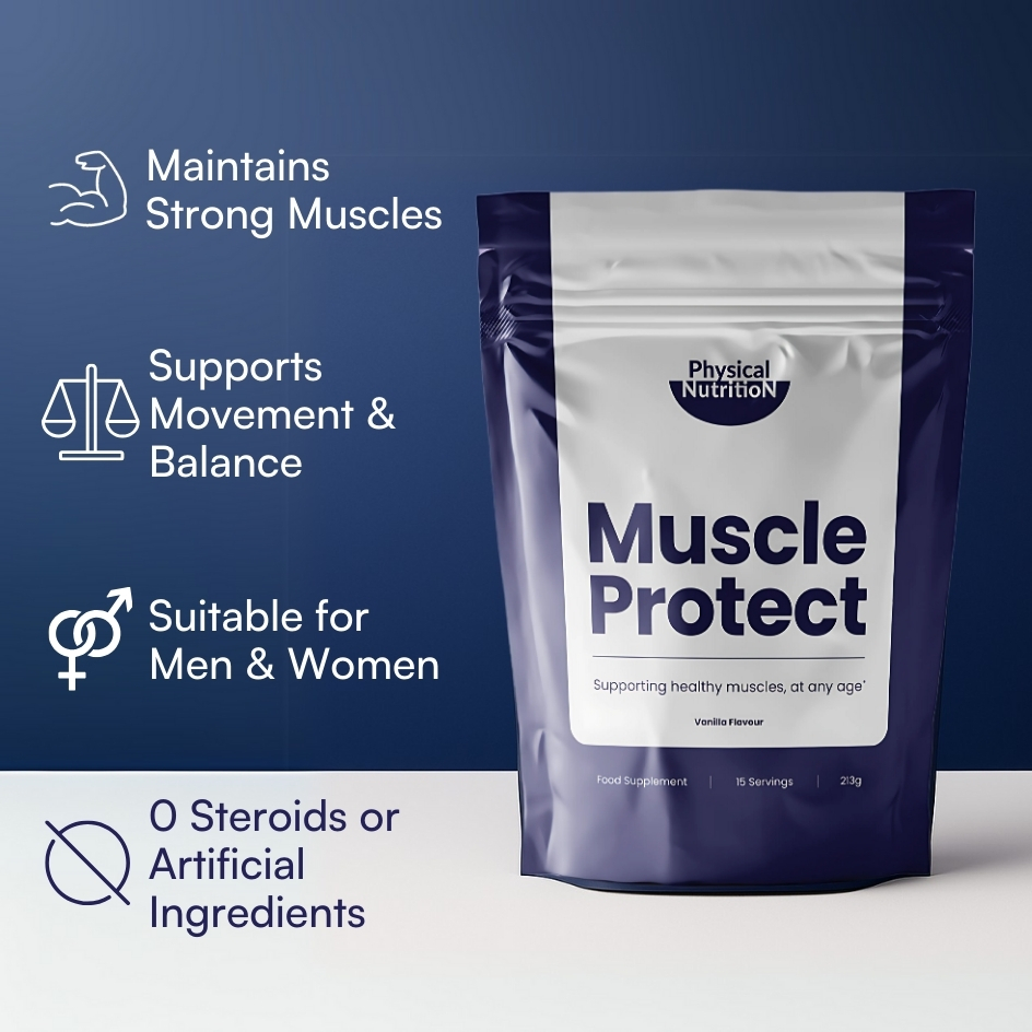 Muscle Protect supplement package with benefits listed: strong muscles, balance, suitable for all, no steroids.