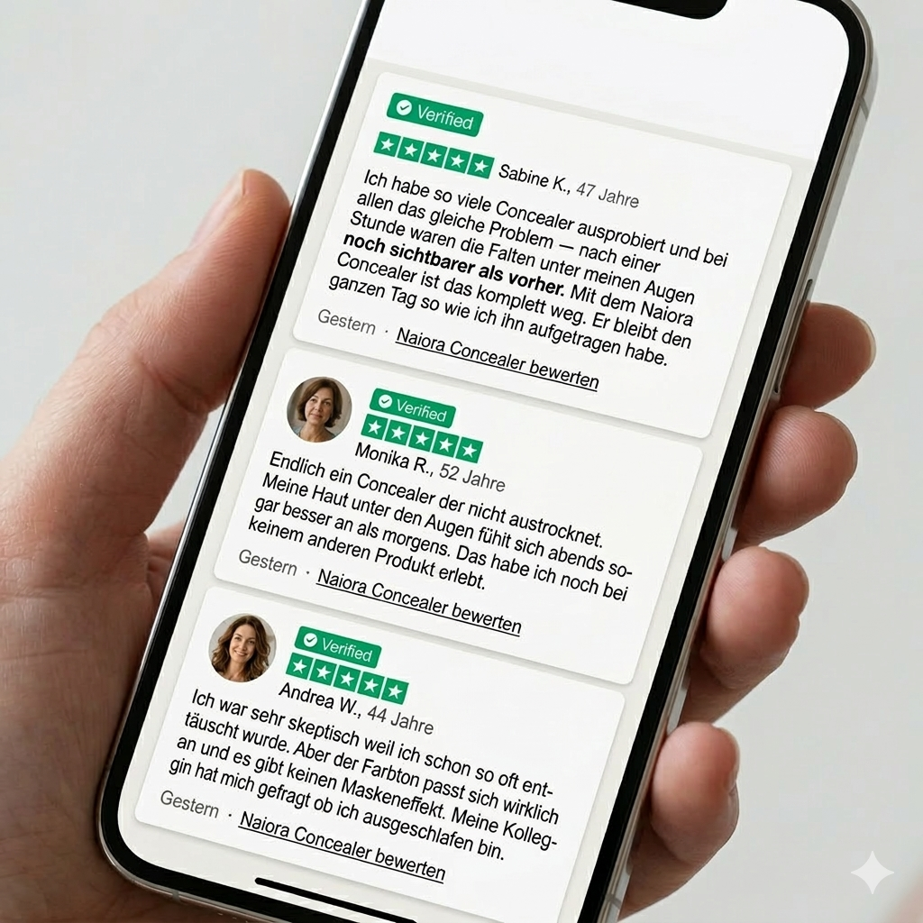 A person's hand holding a smartphone displaying customer reviews for a concealer in German.