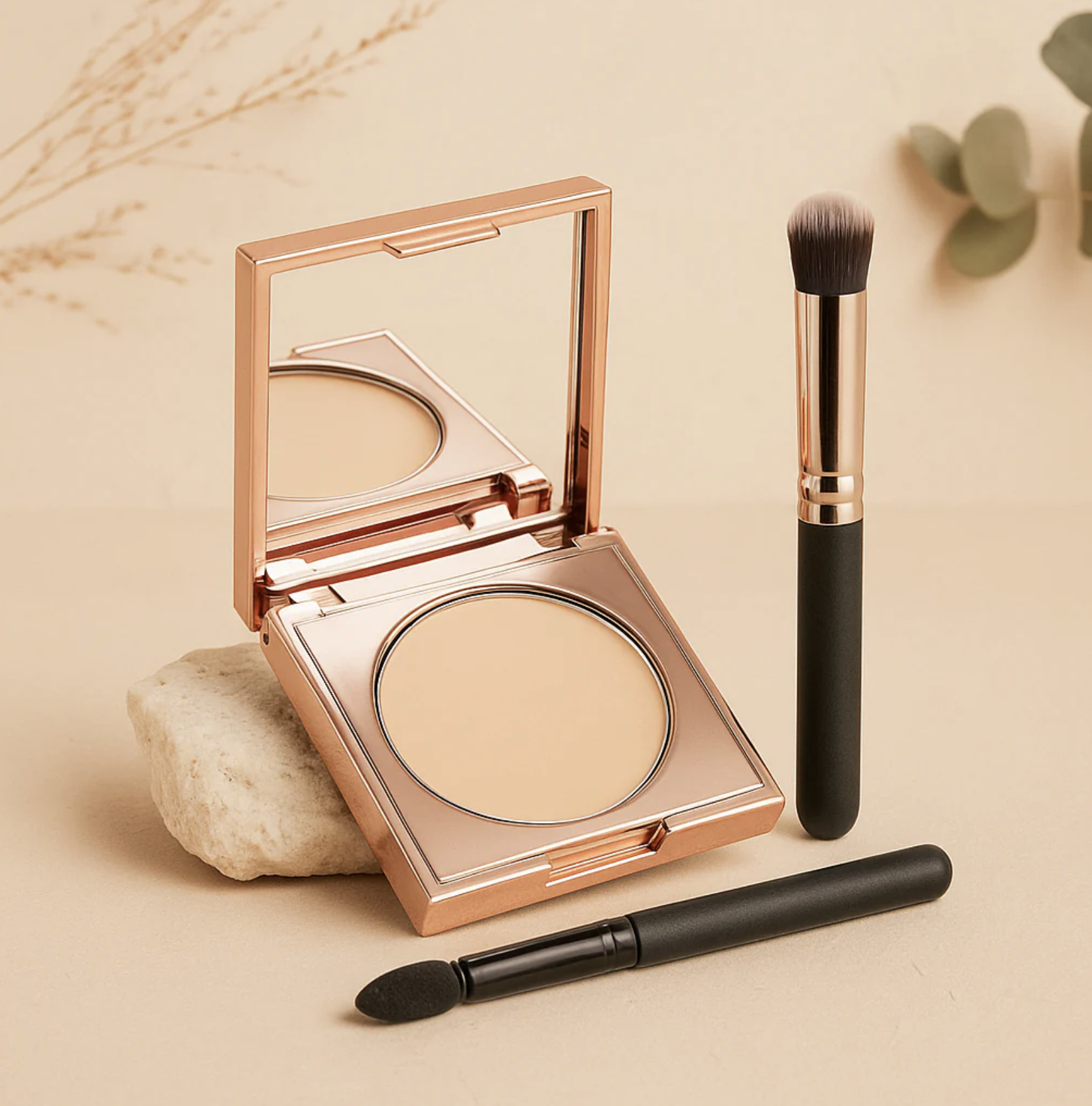 Makeup compact with mirror, brush, and sponge on beige background.