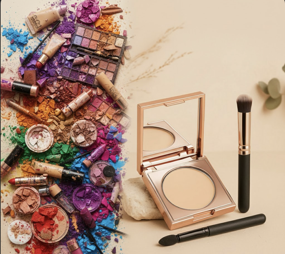 Colorful crushed makeup and brushes beside a compact powder on beige background.