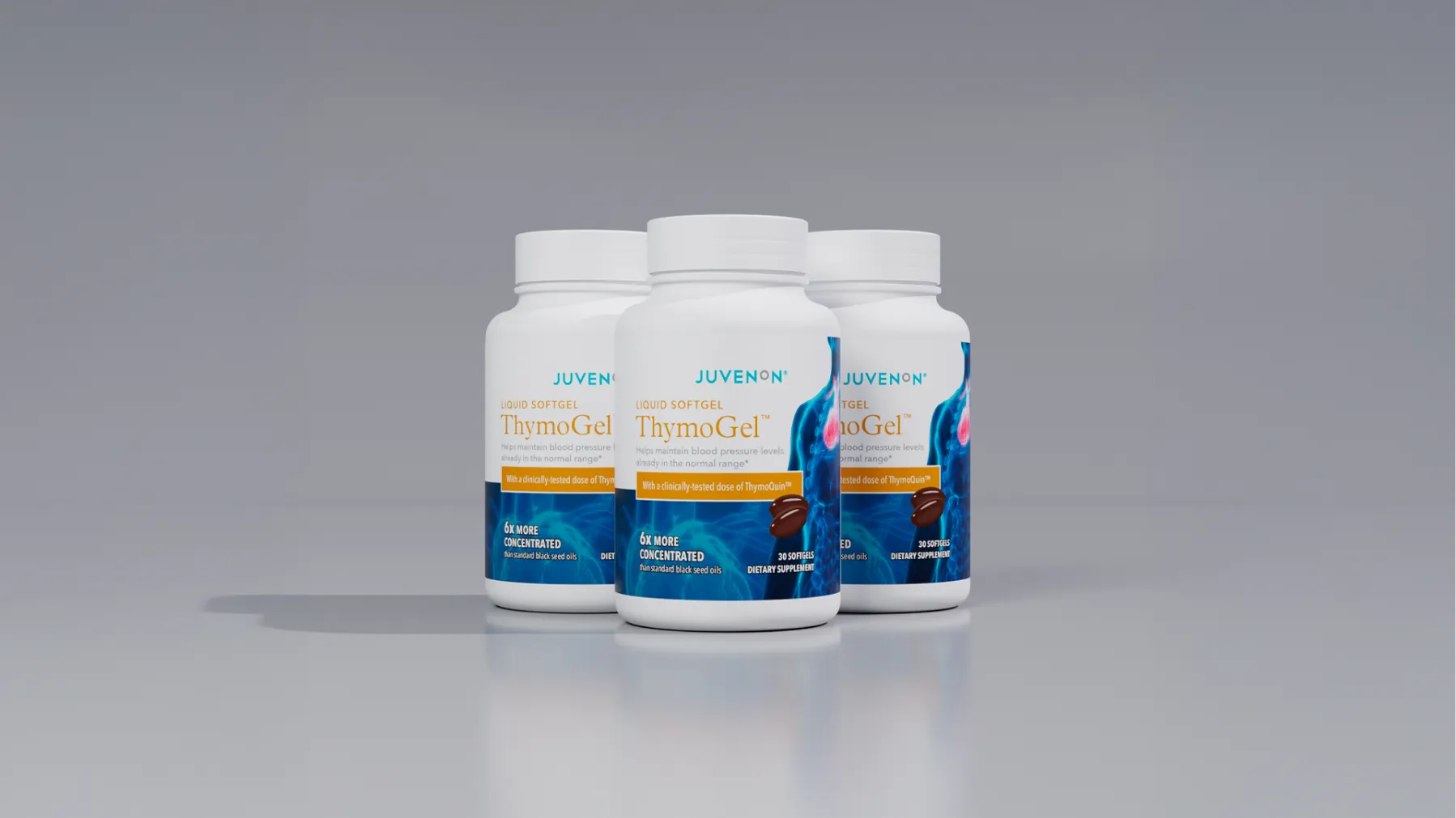 Three bottles of ThymoGel dietary supplement on a gray background.