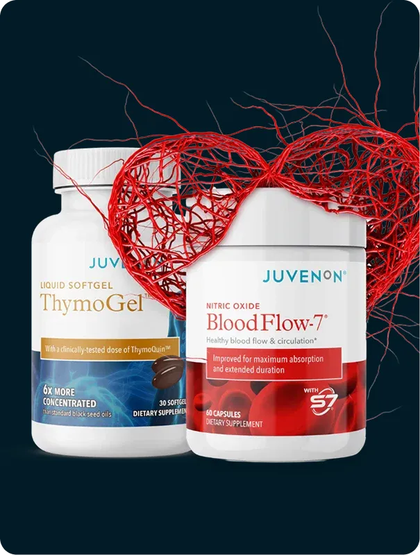 Two supplement bottles with red heart-shaped network in the background.