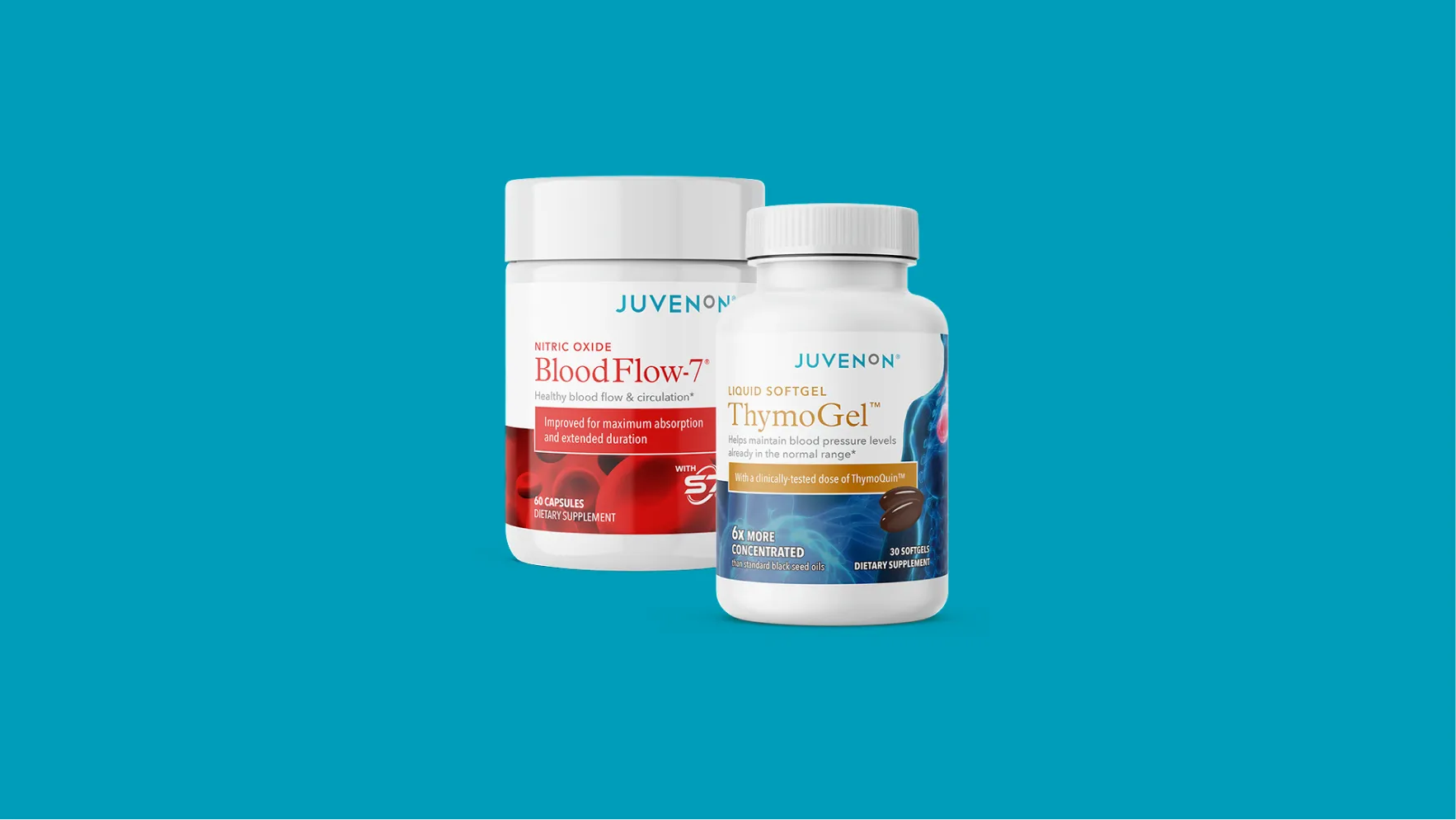 Two supplement bottles labeled BloodFlow-7 and ThymoGel on a blue background.