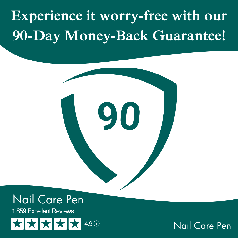 Graphic with '90-Day Money-Back Guarantee' and nail care pen reviews.