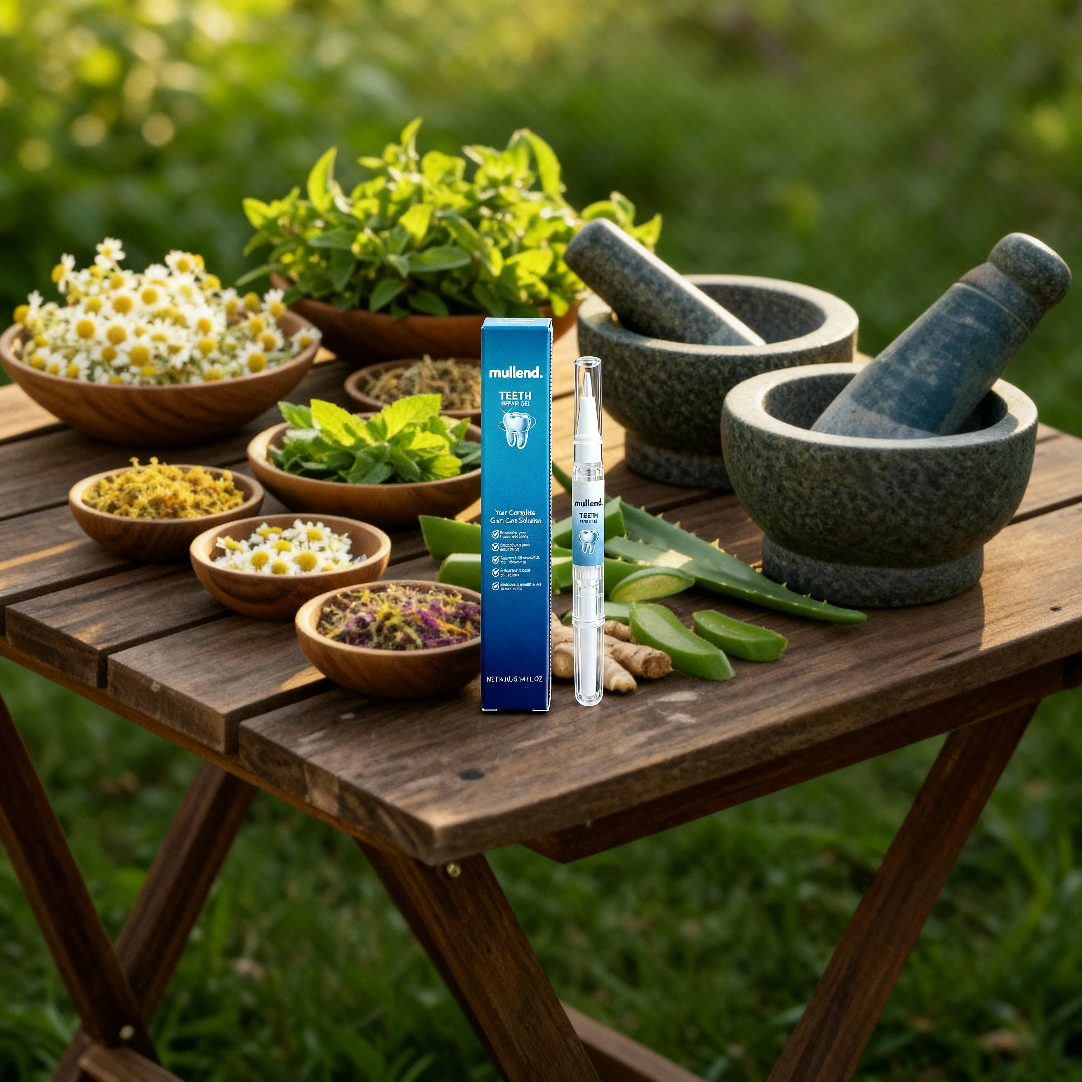 Herbs and mortars on a table with teeth care product.