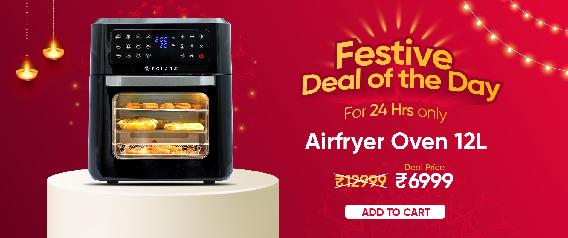 Airfryer oven on display with festive deal text and pricing information.