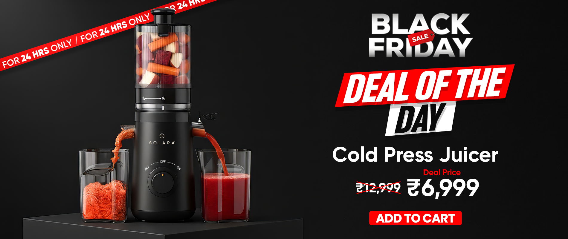 Cold press juicer with carrots, beets, juice pouring into glasses, Black Friday sale banner.