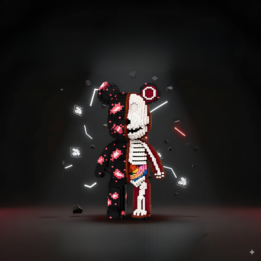 Lego-like skeleton figure with half black, pink spots, and colorful interior.