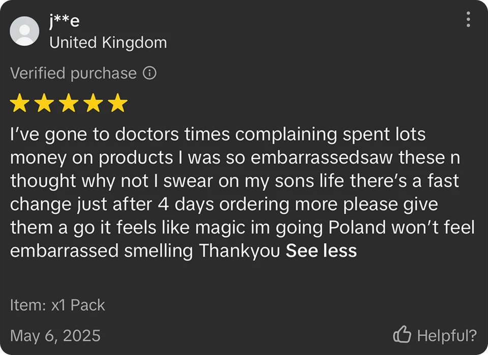 Screenshot of a five-star product review with user comment and purchase details.