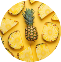 Whole and sliced pineapples arranged on a yellow background.