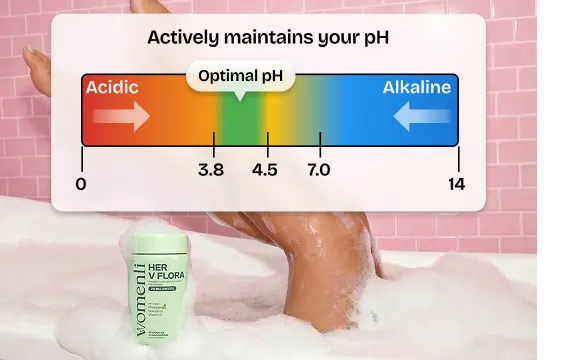 A graphic of a pH scale over a person in a bubble bath with a bottle of cleanser.