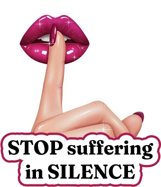 Illustration of a finger over lips with text 'STOP suffering in SILENCE.'