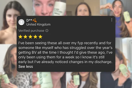 A 5-star customer review from the UK over a photo collage of women holding a product.
