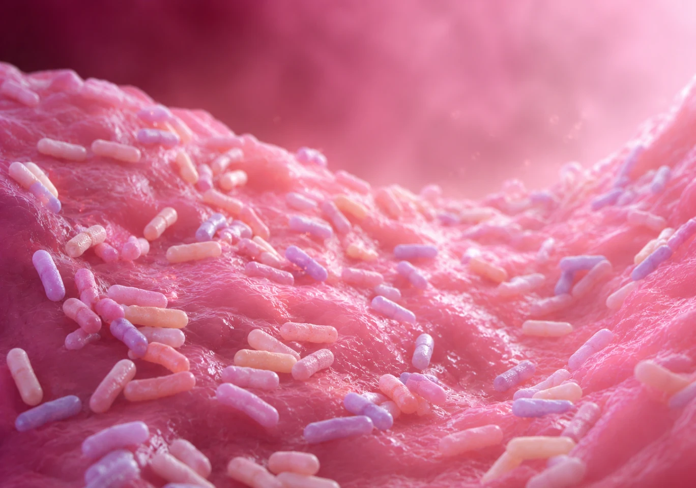 A microscopic rendering of colorful, rod-shaped bacteria on an undulating pink surface.