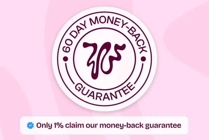 A circular '60 Day Money-Back Guarantee' badge with a logo in the center on a pink background.