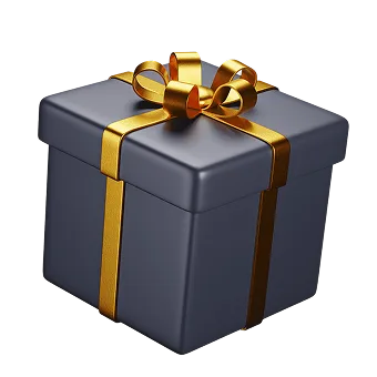 A dark gift box with a gold ribbon and bow.