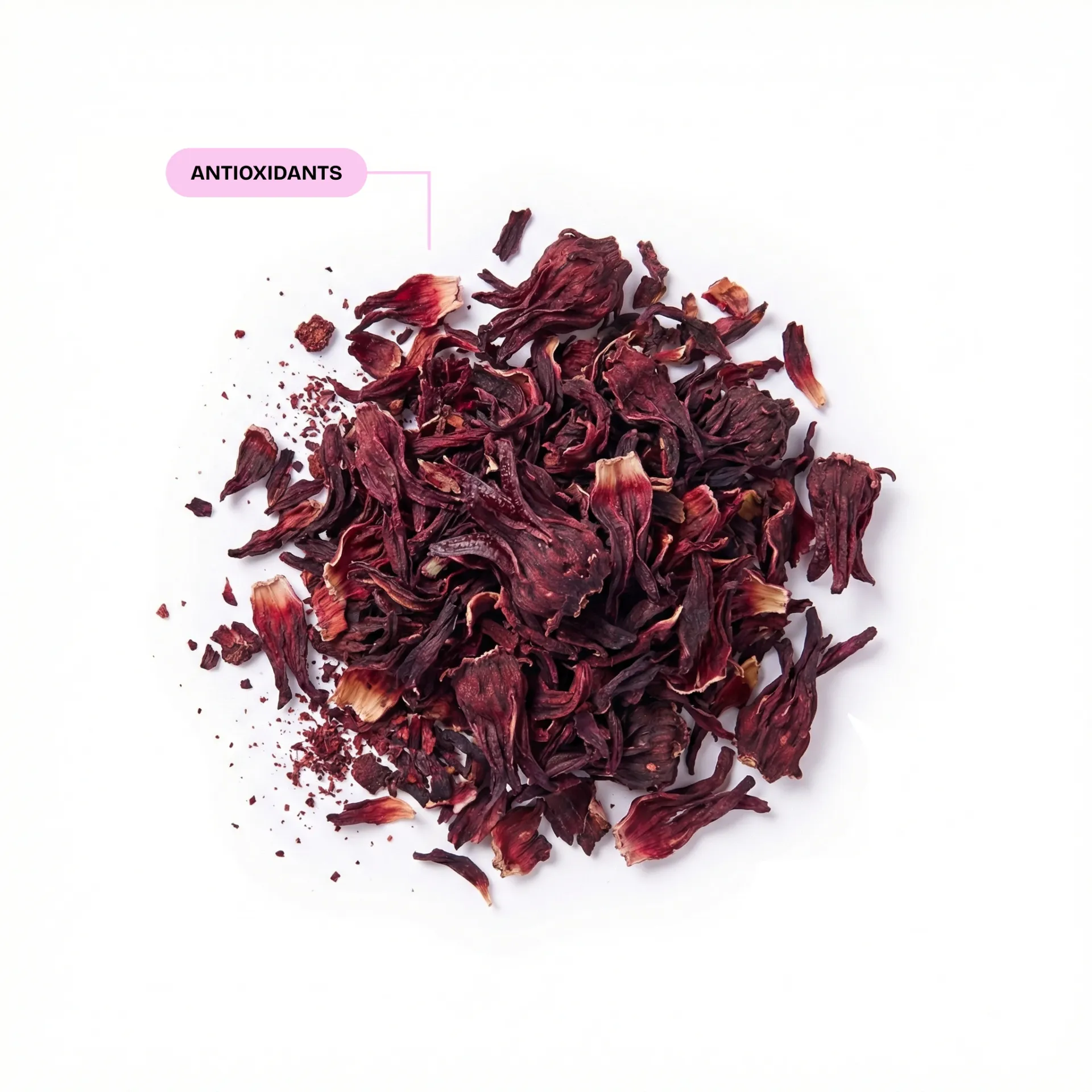 A top-down view of dried red hibiscus flowers on a dark red background, with an 'ANTIOXIDANTS' label.