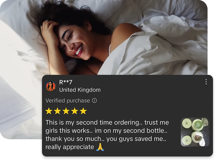 A woman smiling in bed, with a five-star customer review testimonial overlayed on the image.