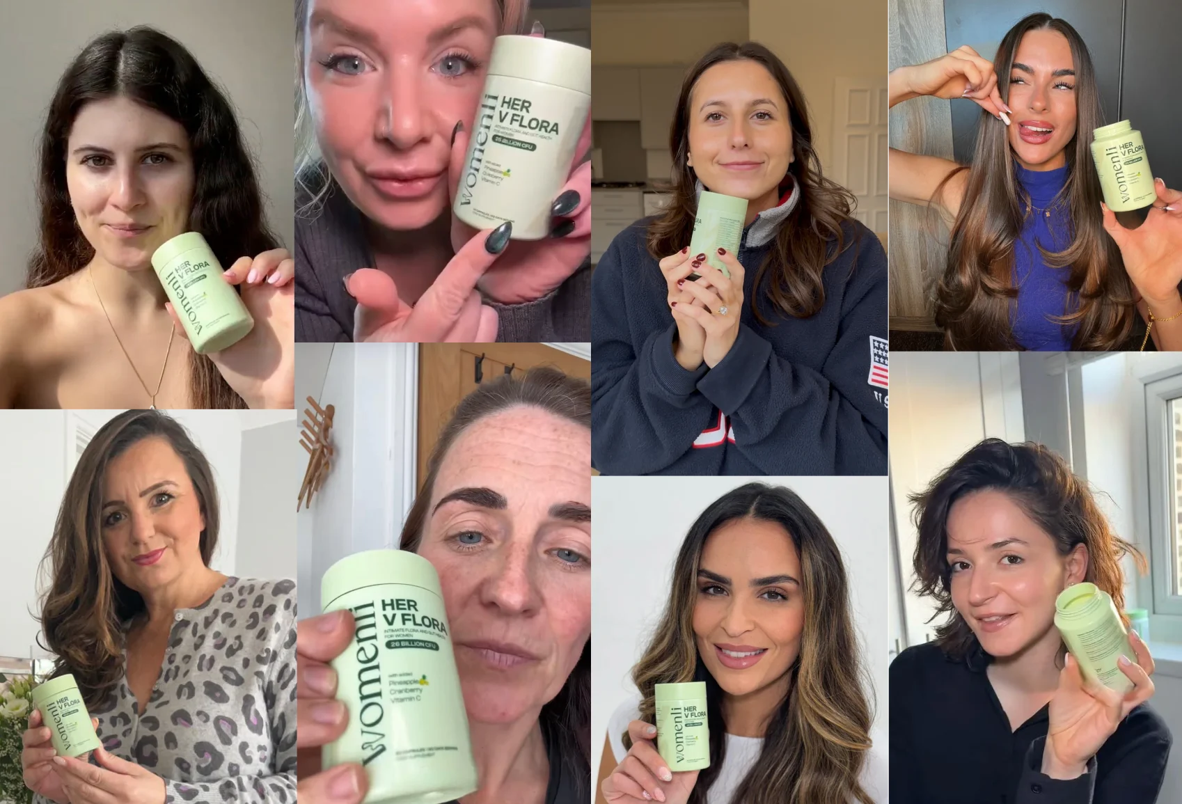 Collage of nine people holding a green bottle labeled 'HER V FLORA' by Womeni.