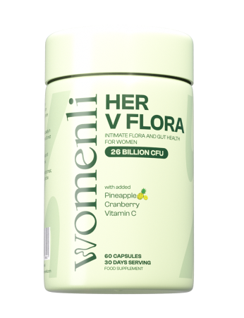 A bottle of women's health supplement with label 'HER V FLORA' and nutritional details.