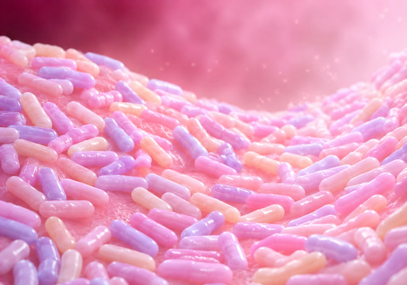 A 3D rendering of pink, purple, and orange rod-shaped bacteria on a pink surface.