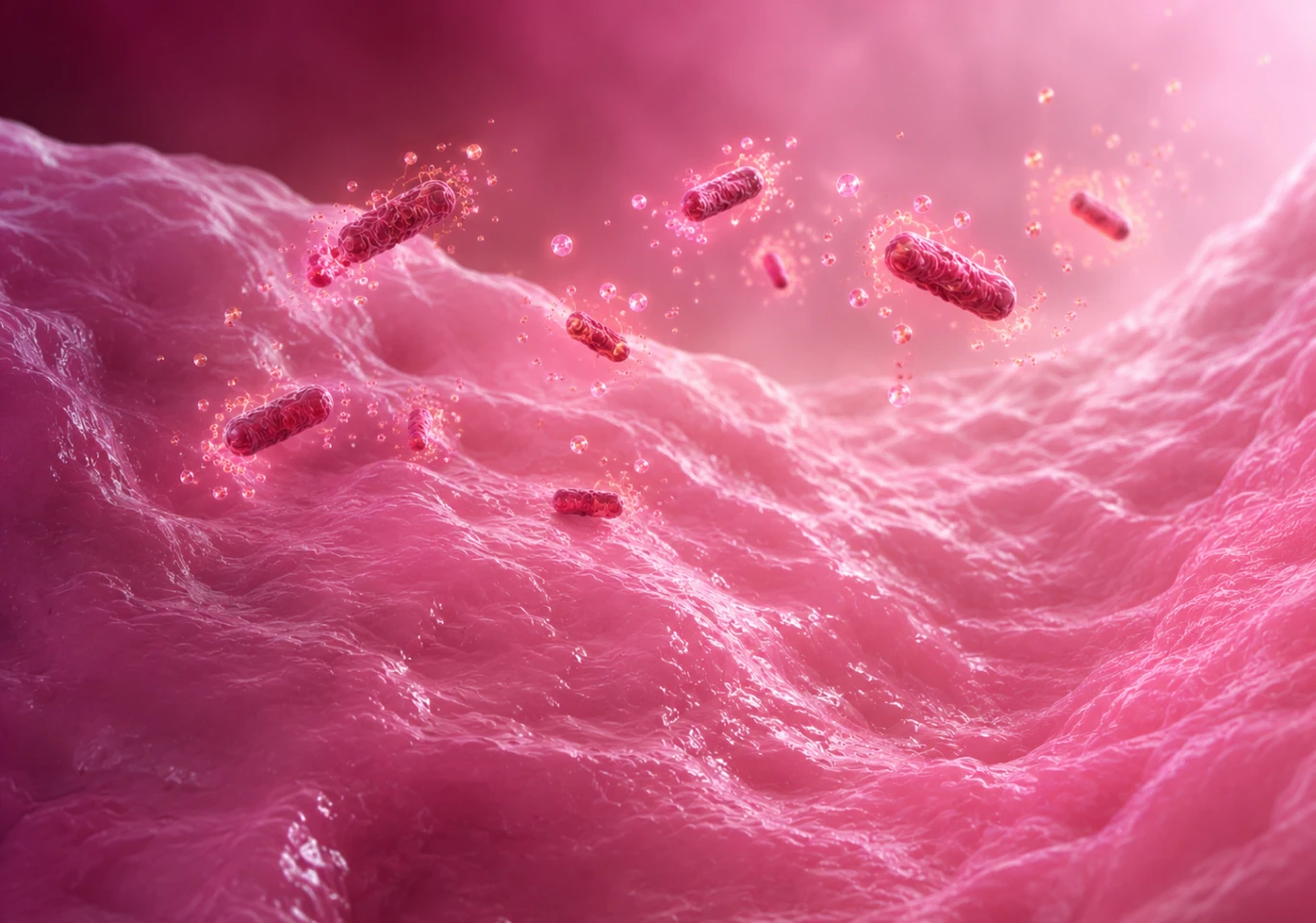 A stylized, microscopic view of rod-shaped bacteria floating above a pink, textured surface.