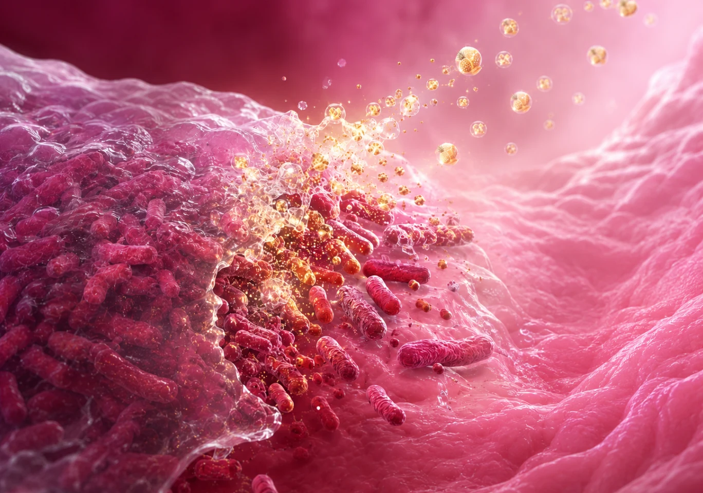 A microscopic illustration of red, rod-shaped bacteria on a pink surface releasing golden bubbles.