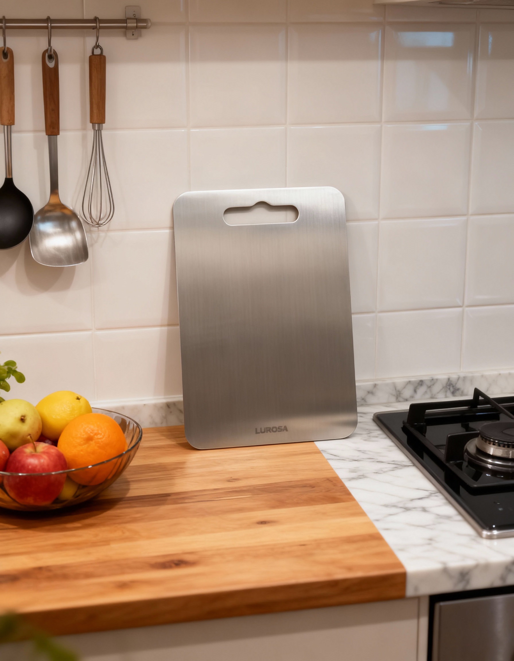A stainless steel cutting board standing on a kitchen counter next to a fruit bowl and stovetop.
