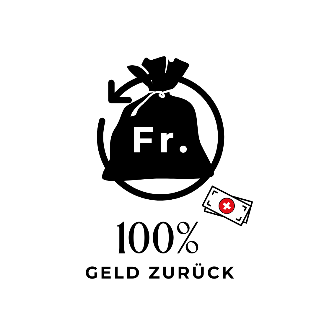 A '100% Geld Zurück' graphic, which translates to '100% money back,' featuring a Swiss Franc money bag icon.