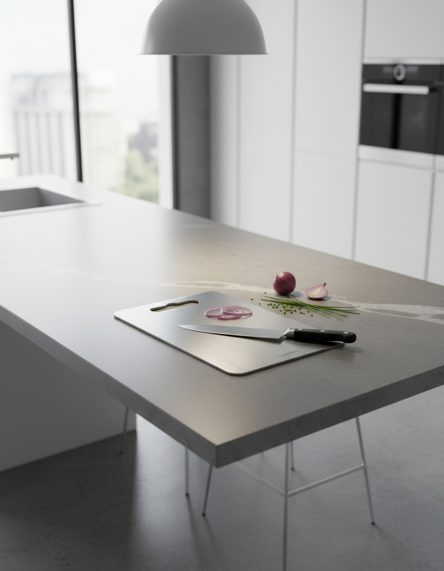 A knife and sliced red onion on a metal cutting board on a modern kitchen island.