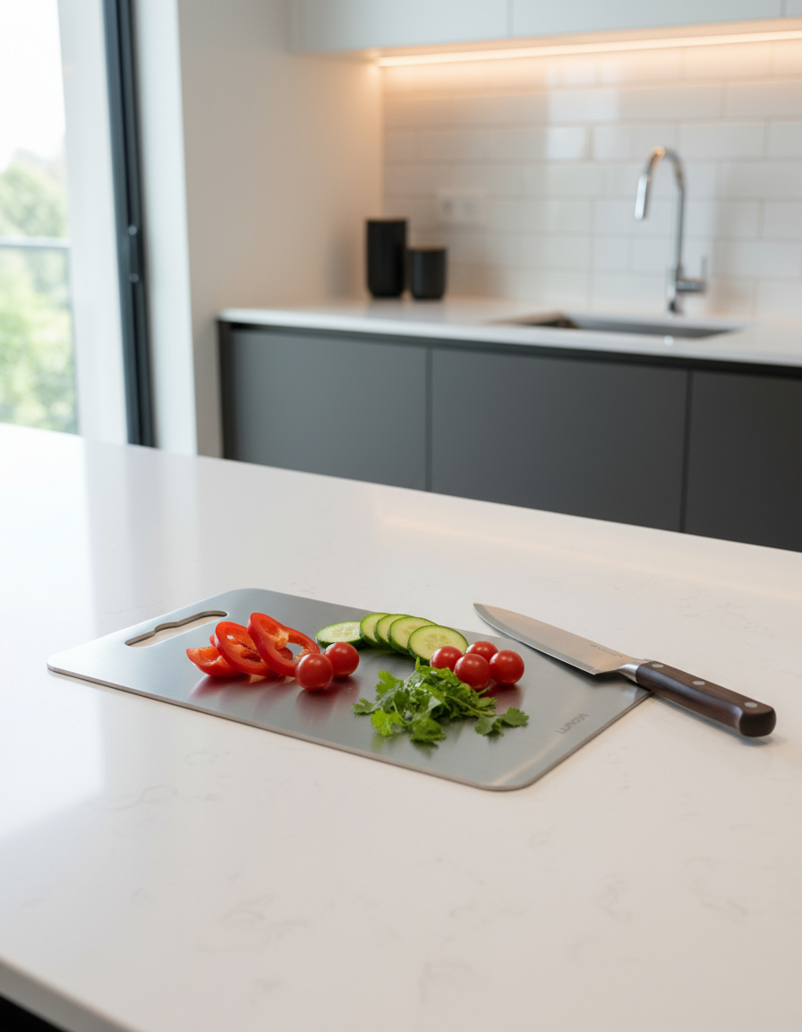 Chopped vegetables and a knife sit on a metal cutting board on a white kitchen countertop.