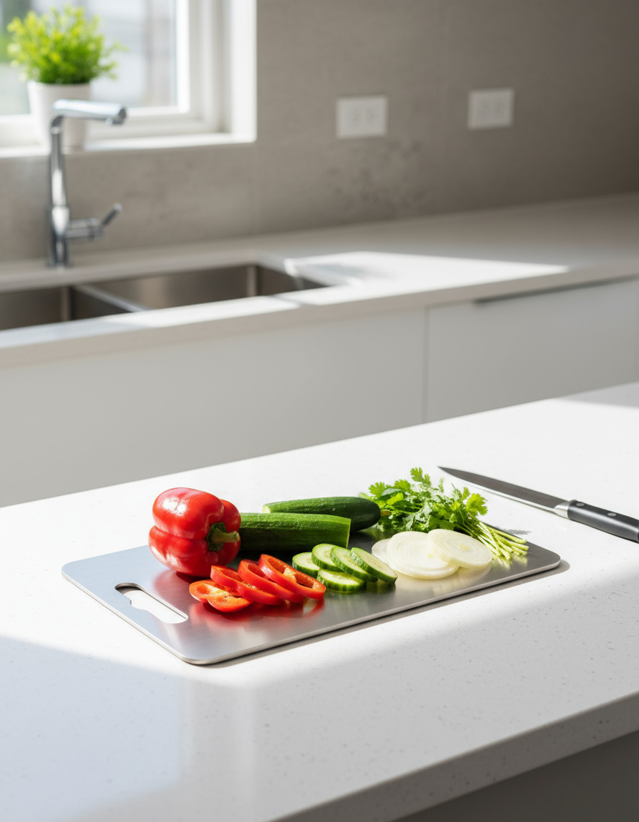 Sliced vegetables including red bell pepper and cucumber on a cutting board in a sunlit kitchen.