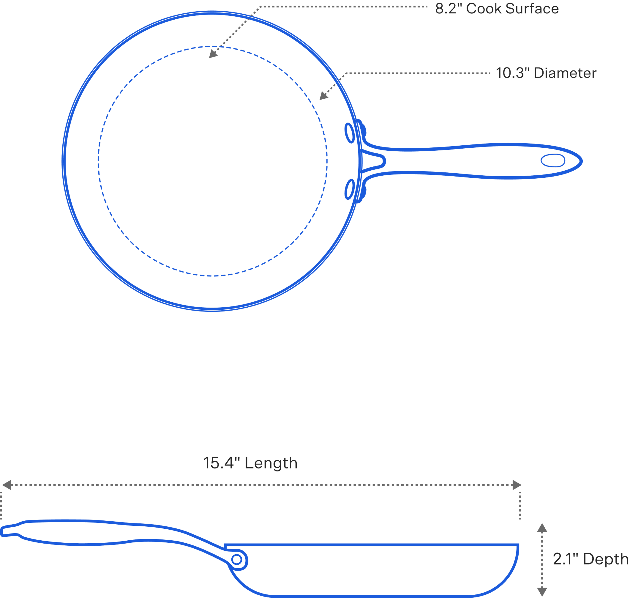 A technical drawing of a frying pan showing its dimensions in centimeters from top and side views.