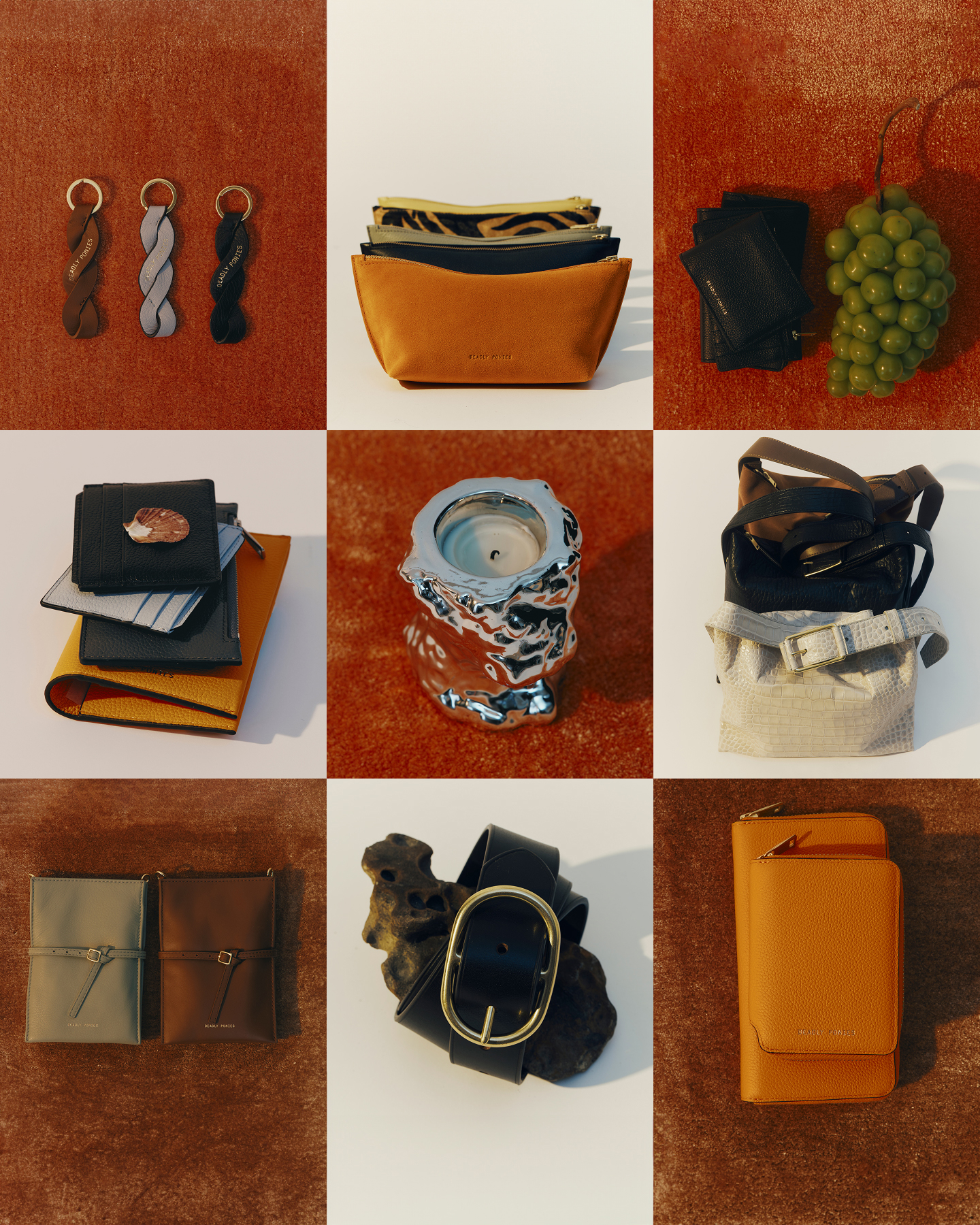 Collection of leather accessories including keychains, pouches, wallets, and belts on a textured background.