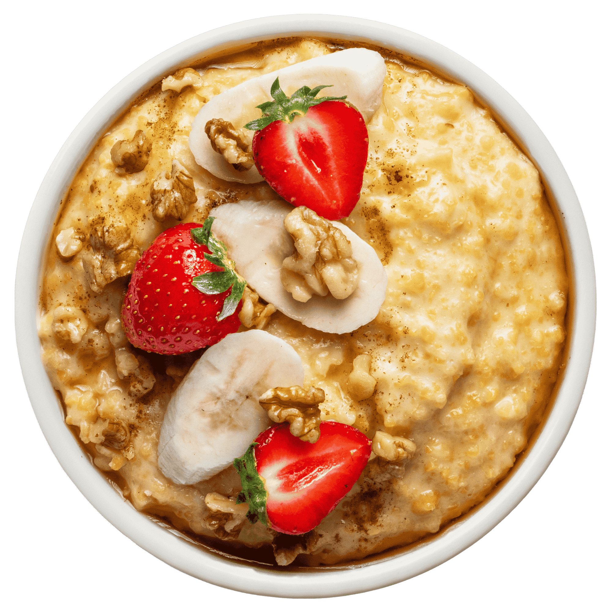 A warm bowl of ChiChi topped with strawberries, banana slices, and walnuts