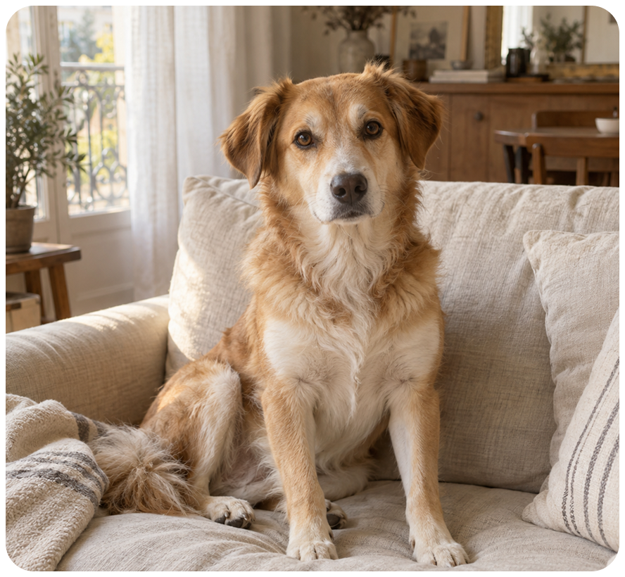 A golden-brown and white dog sits on a light-colored couch, looking at the camera.