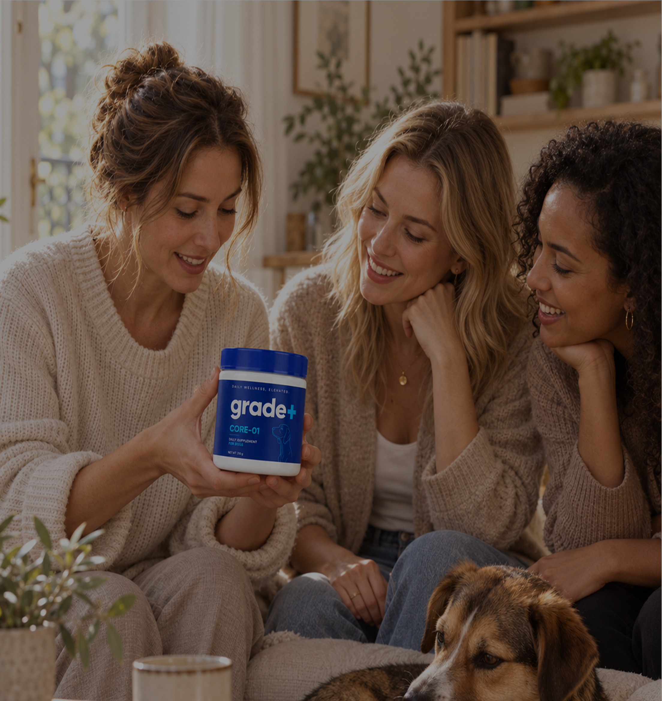 Three women and a dog on a couch look at a blue container of Grade+ Core-01 supplement.