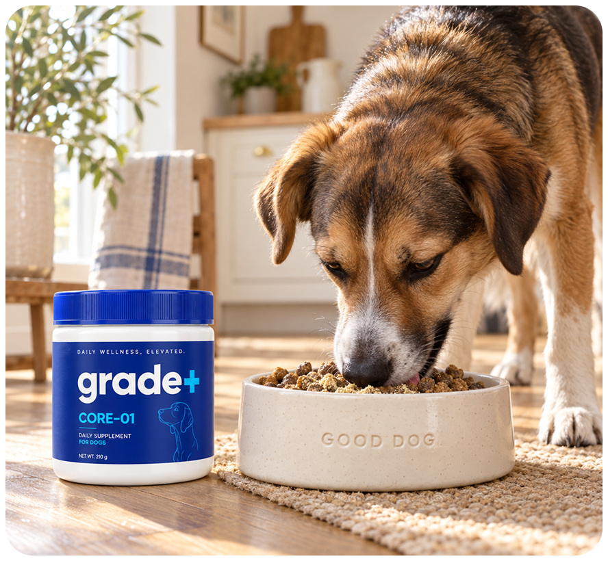 A dog eats from a bowl next to a container of grade+ daily supplement for dogs.