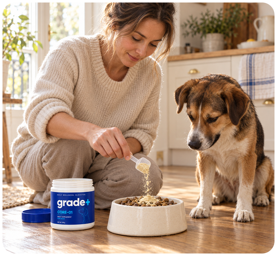 A woman sprinkles a powdered supplement from a container into a dog's food bowl as the dog watches.
