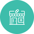 White pharmacy icon on a teal circular background.