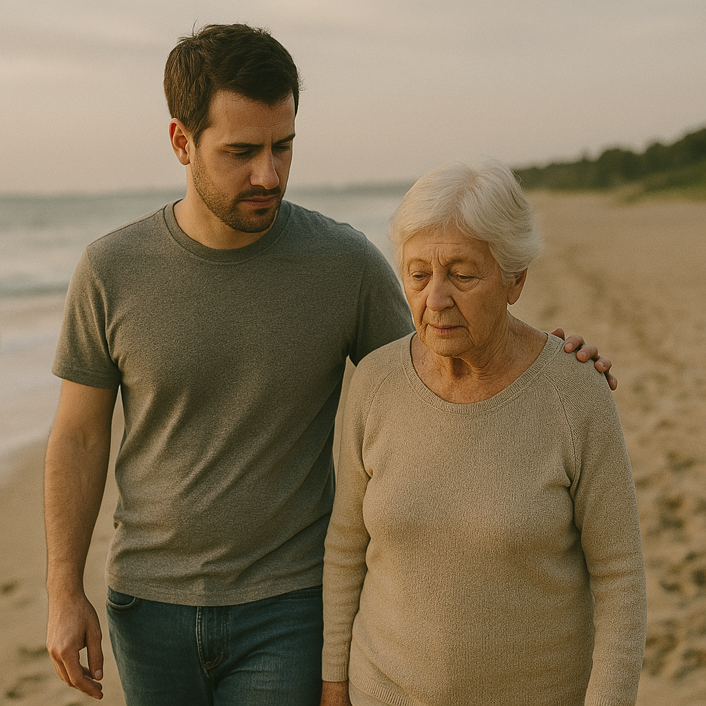 A man and an elderly woman walking on a beach.