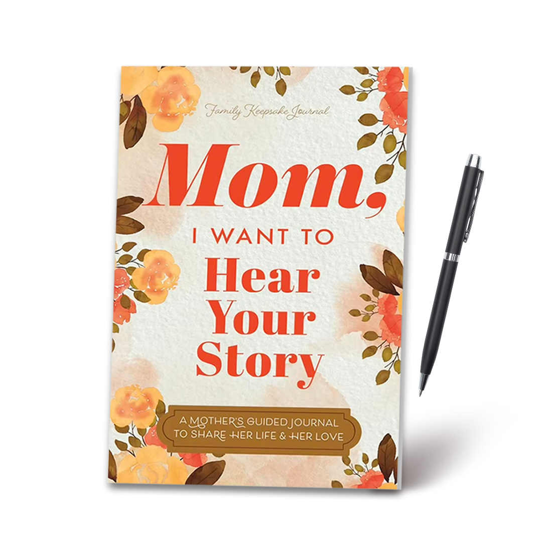 Journal titled 'Mom, I Want to Hear Your Story' with floral design and a pen.