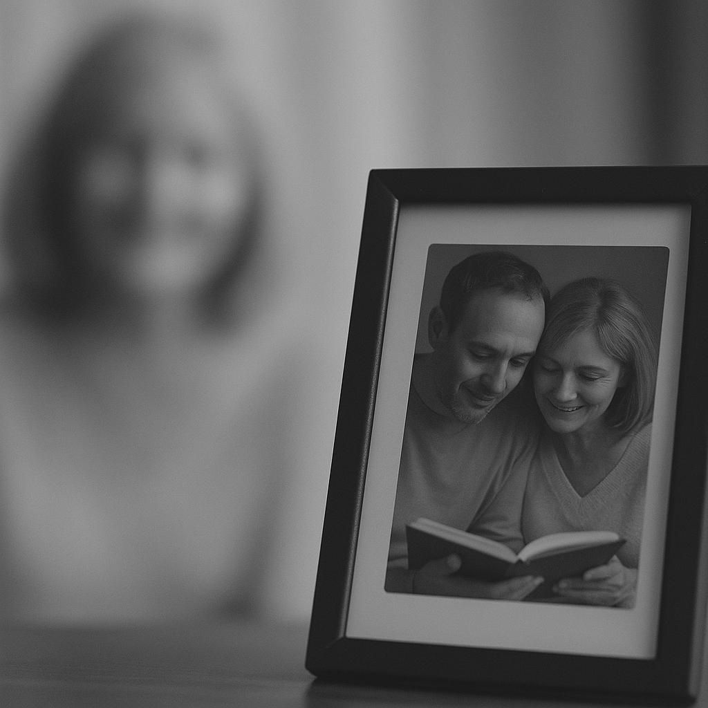 Black and white photo of a couple reading, with a blurred woman in the background.