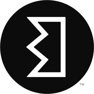 A white abstract shape with a jagged left edge inside a black circle.